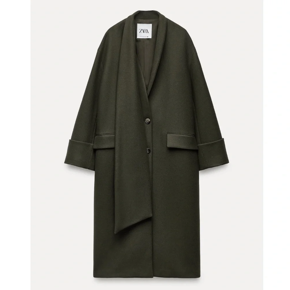 Viral Zara Coat with Scarf Wool, Olive Green. Sz xs/s - Picture 3 of 16